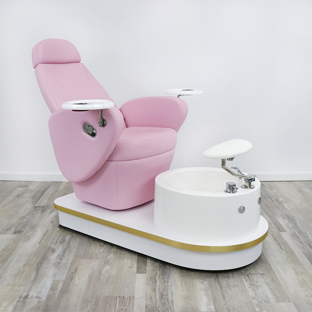 Blush pink pedicure spa chair with basin and technician stool
