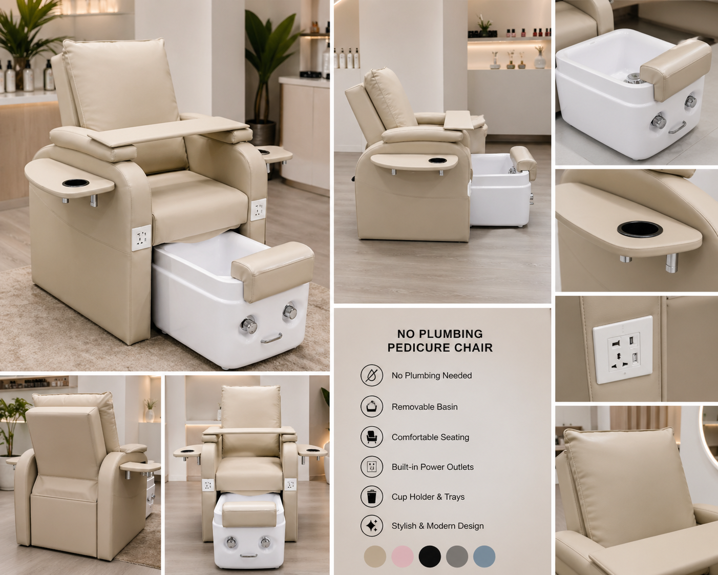 Comfort Luxe No-Plumbing Pedicure Chair with removable basin and tray armrests